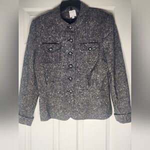 NM Essentials 14 Gray Cream Tweed 100% WOOL Lsl LinedPockets Women BlazerJacket